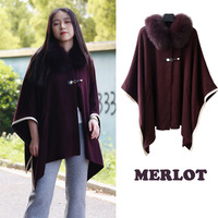 Poncho en fourrure pour femmes, col amovible en fourrure de raton laveur, cape en tricot, pull ample, châle pour femmes, en stock