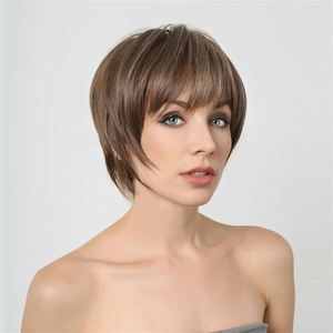 Pelucas Cortas Sintéticas para Mujer, Corte Pixie, Marrón con Mechas Rubias, Pelucas Bob con Flequillo, Resistentes al Calor, para Cosplay, Fiestas, Cabello Postizo - Product Image 3