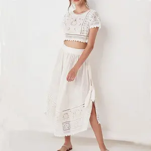 OEM High Quality Trending Delicate Embroidered Summer Linen Short Sleeve Crop Top Midi Skirt Two Piece Set Women Clothing