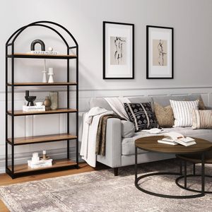 Giá sách bằng gỗ combohome, tủ sách 5 kệ bằng gỗ và khung kim loại màu đen với đỉnh vòm và kệ mở - Product Image 3