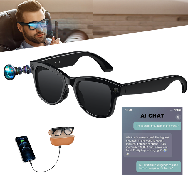 OEM AI Smart Glasses with Camera 8MP 4K HD Video Real Time Translation Auto Tinting Lenses 3600mAh Charging Case