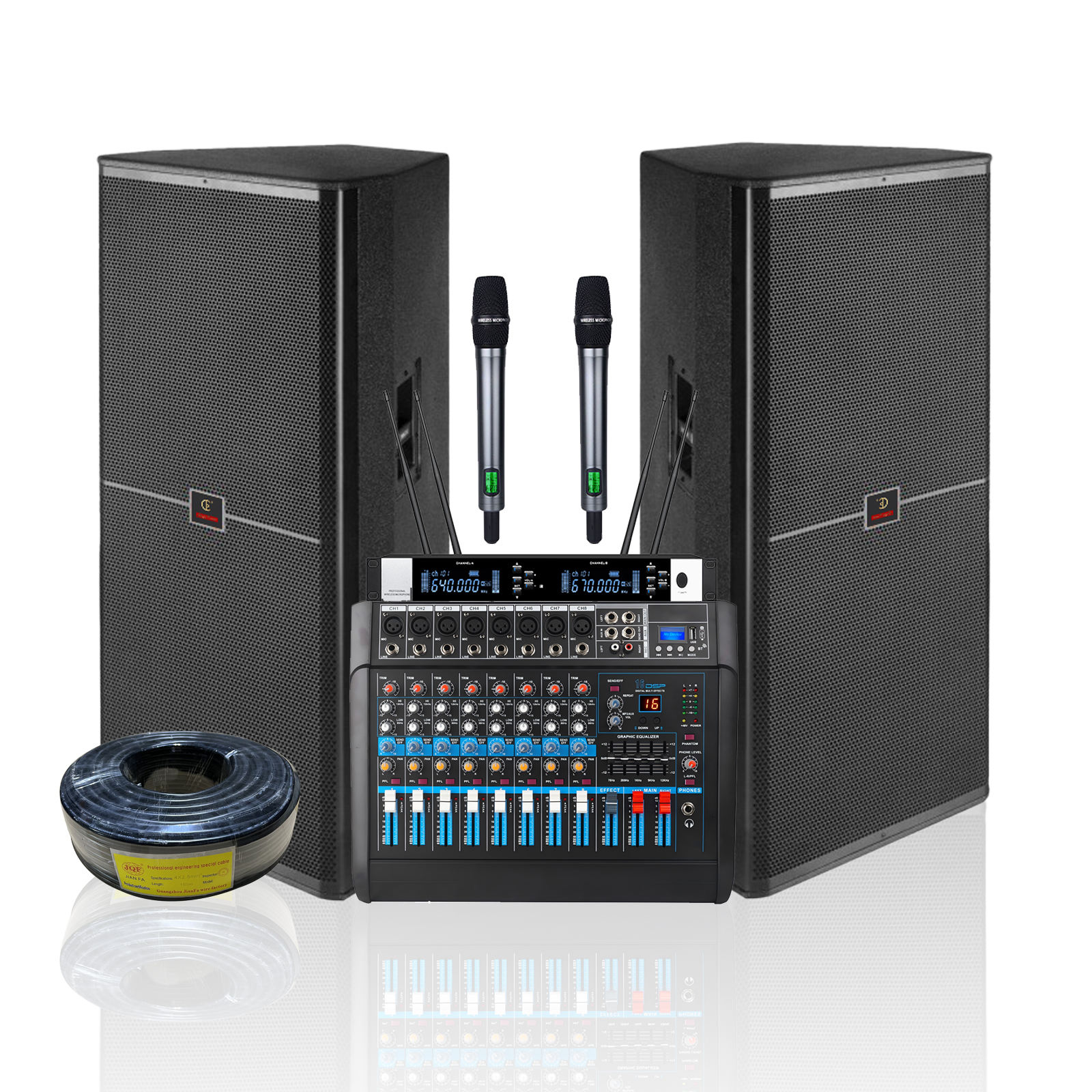 Double 15-Inch Speaker Wireless Microphone 500-800W 2CH Power Amplifier  3-Piece Set for House Parties DJ Metal 8ohm 4ohm