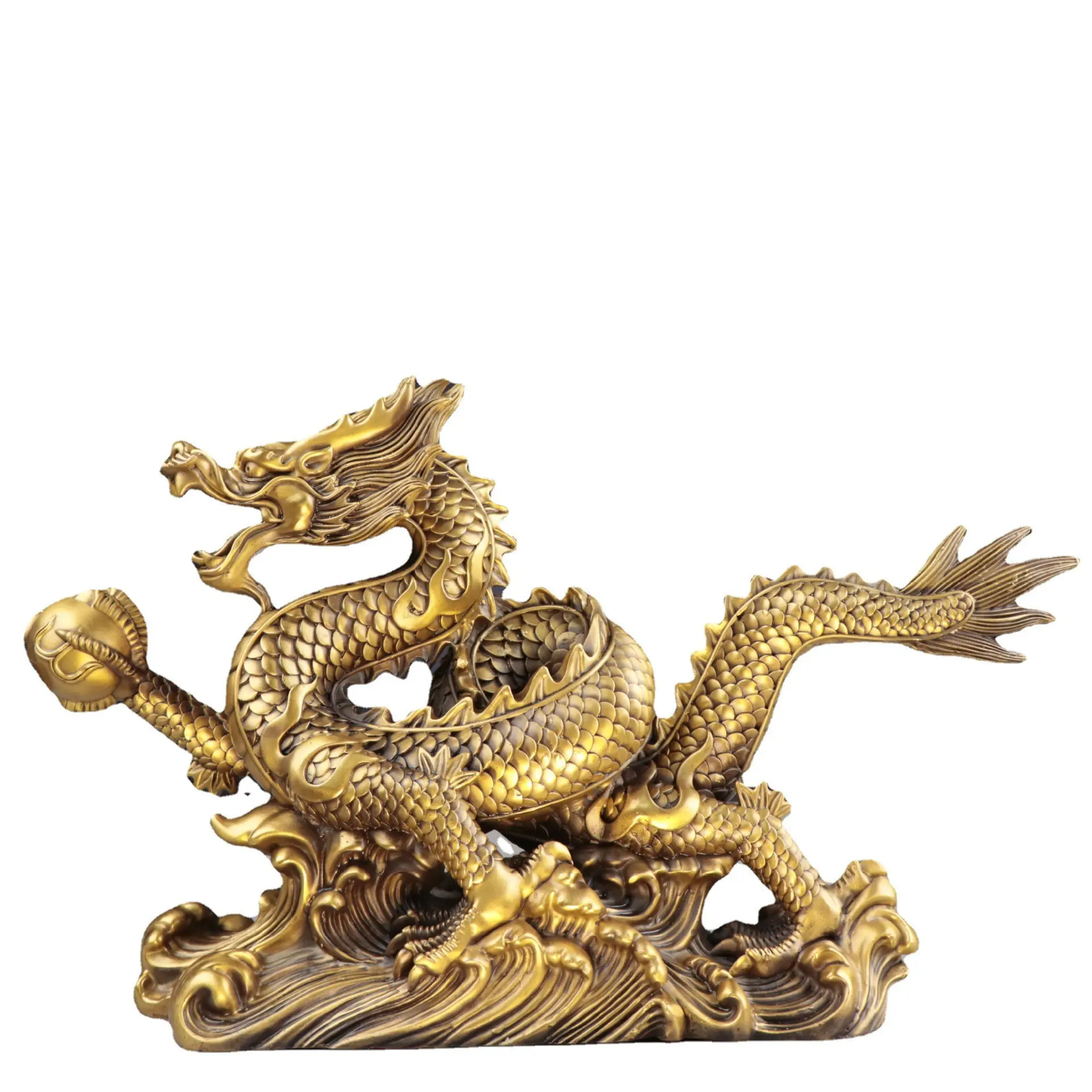 卸売純粋な真鍮風水ゴールド中国のドラゴン置物銅風水アイテム中国のラッキードラゴン像