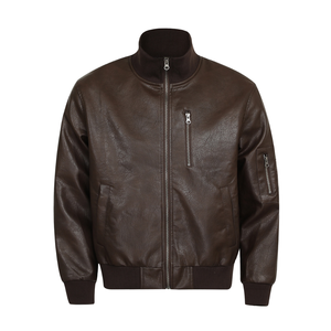 Blouson d'hiver haut de gamme pour homme en cuir véritable, style motard, col montant, logo brodé sur le devant, coupe ample unie - Product Image 1