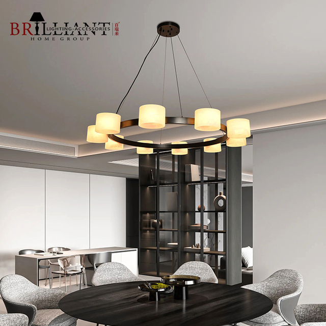 Modern Decorative Steel Round Ring 10 Heads Alabaster Stone Cylinders Lampshade Luxury Pendant Light