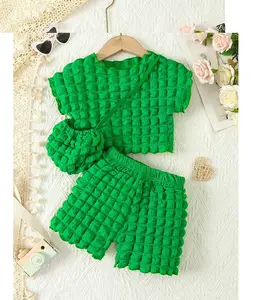 New fashion 3Pcs girls clothing set short puff sleeve solid top + shorts + purse outfit for girls