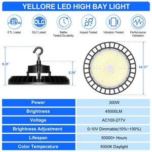 High Bay LED Shop <b>Lights</b>, 300W 0-10V Dimmable with <b>Sensor</b>, Adjustable LED High Bay Lighting Fixtures for Garage Warehouse Worksh - Product Image 6