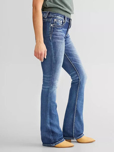 <span class=keywords><strong>Jeans</strong></span> da <span class=keywords><strong>Donna</strong></span> Stile Western Vintage con Ricamo di Piume Pantaloni a Zampa Eleganti e Casual a Vita Media Lunghi Elasticizzati - Product Image 3