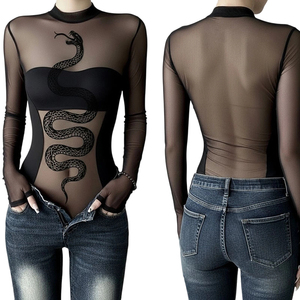 Body con estampado de serpiente para mujer de alta calidad, cuello alto de manga larga de malla transparente para una apariencia sexy de abrazo de figuras - Product Image 1