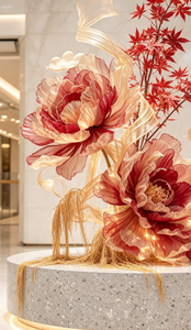 Y-011 Installation florale géante de luxe en organza artificiel, pivoine et érable, pour la décoration de hall d'hôtel - Product Image 2