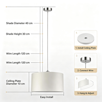 Suspension en tissu Nordic Drum avec abat-jour cylindrique en tissu crème et finition nickel brossé pour salon