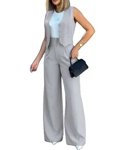 최신 디자인 투피스 세트 여성 의류 사무실 숙녀 세트 조끼 와이드 다리 바지 세트 2 조각 의상 여성용