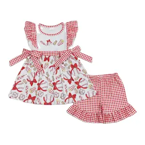 wholesale western boutique baby girls clothes Bow Baseball Peanut Popcorn Red and White Plaid Bow Short Sleeve Shorts Suit