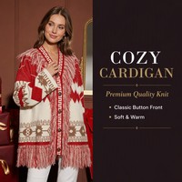 Cardigan grec à franges en acrylique tricoté, col châle, manches longues, grande taille, rouge et blanc, avec logo personnalisé, pour femme, chic et tendance, automne-hiver