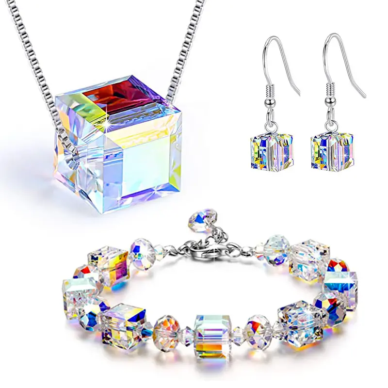 Fantastic Shining Aurora Cube Square Austrian crystal necklace bracelet earrings Jewelry set for women