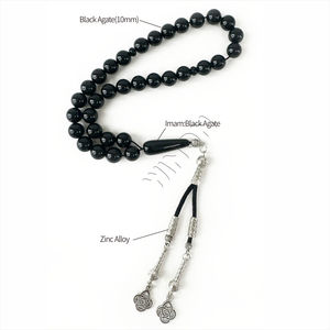 천연 블랙 마노 Aqeeq 10mm 타원형 비즈 아연 합금 + 스테인레스 스틸 이슬람기도 비즈 Tasbih 이슬람 묵주 - Product Image 5