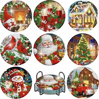 Kit de dessous-de-verre de Noël à peindre au diamant, lot de 8, avec motifs Père Noël, camion rouge, oiseau cardinal, en acrylique, avec support en fer