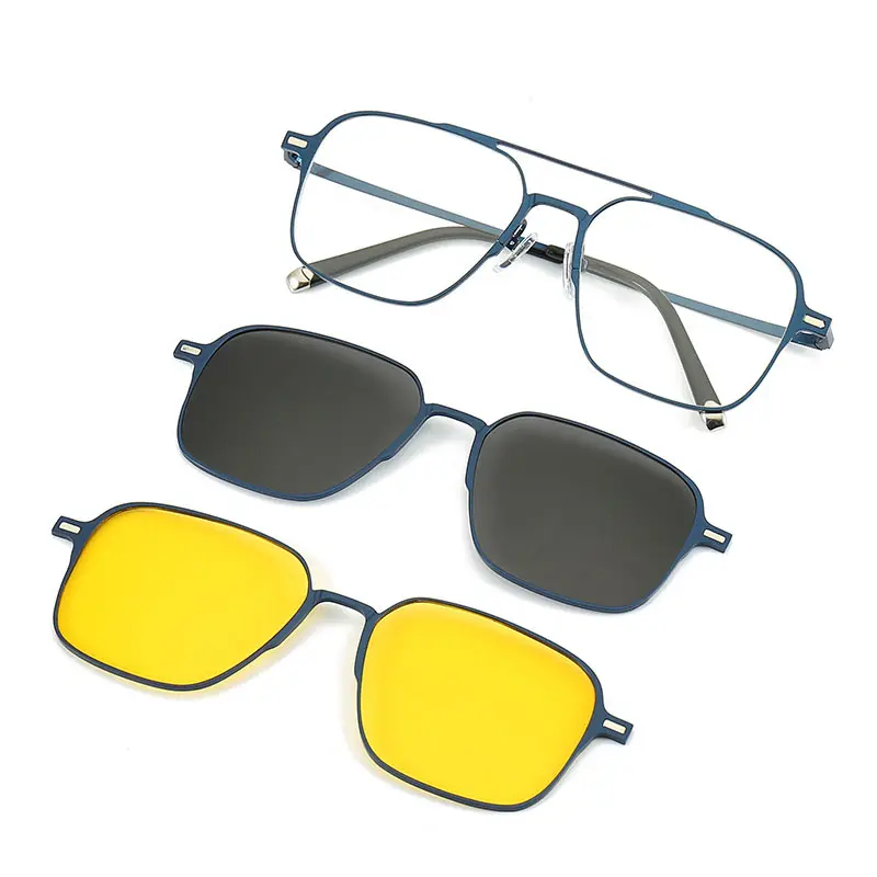 Bingkai logam mata kucing optik kacamata bingkai kaca kacamata penghalang cahaya biru optik dengan klip terpolarisasi kacamata hitam