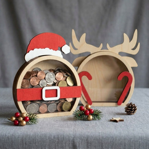 Santa Hat & Reindeer Shaped Wooden Piggy Bank Art Craft Laser Cut <b>Box</b> with Clear Window for Christmas Keepsake Gift - Product Image 1