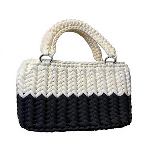 Vintage Style Chain <b>Mini</b> <b>Bag</b>-<b>Black</b> Grey Stylish Zipper Closure Boho Bucket Shoulder <b>Bag</b> Crochet Cotton Cord Weaving Waterproof - Product Image 1