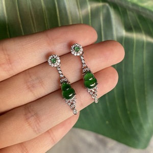 Chinese Style S925 Pure Silver Dangle Earrings Natural Sunny Green <b>Jade</b> Gourd Inlaid with Ice <b>Jade</b> Fulu National Style - Product Image 3