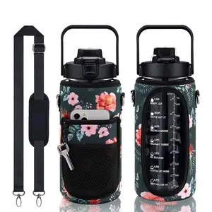 BPA gratis botol air motivasi, tempat pelindung botol air anti bocor dengan lengan 64 oz