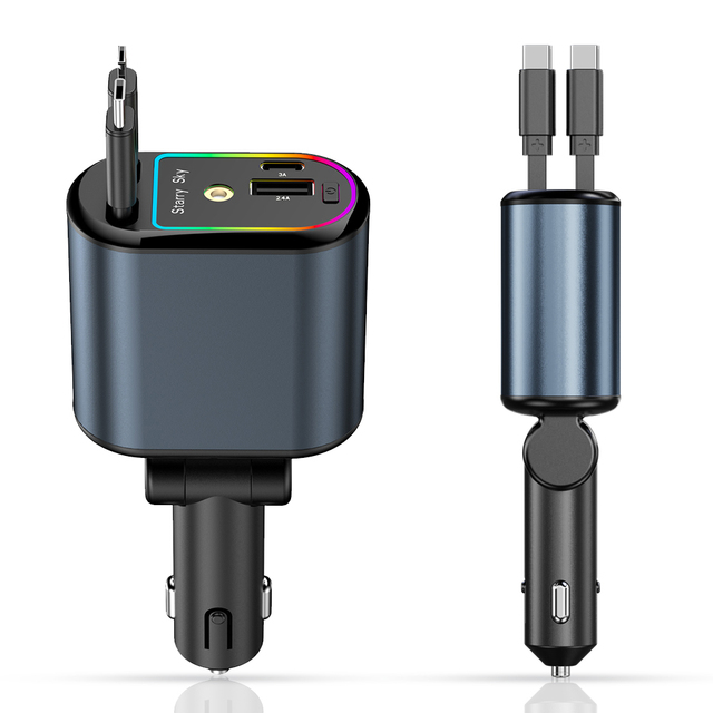 Fast USB-C Retractable Universal Adapter Car Charger LED Display 60W 4-in-1 2-Port PD Charging Station OTP Short Circuit