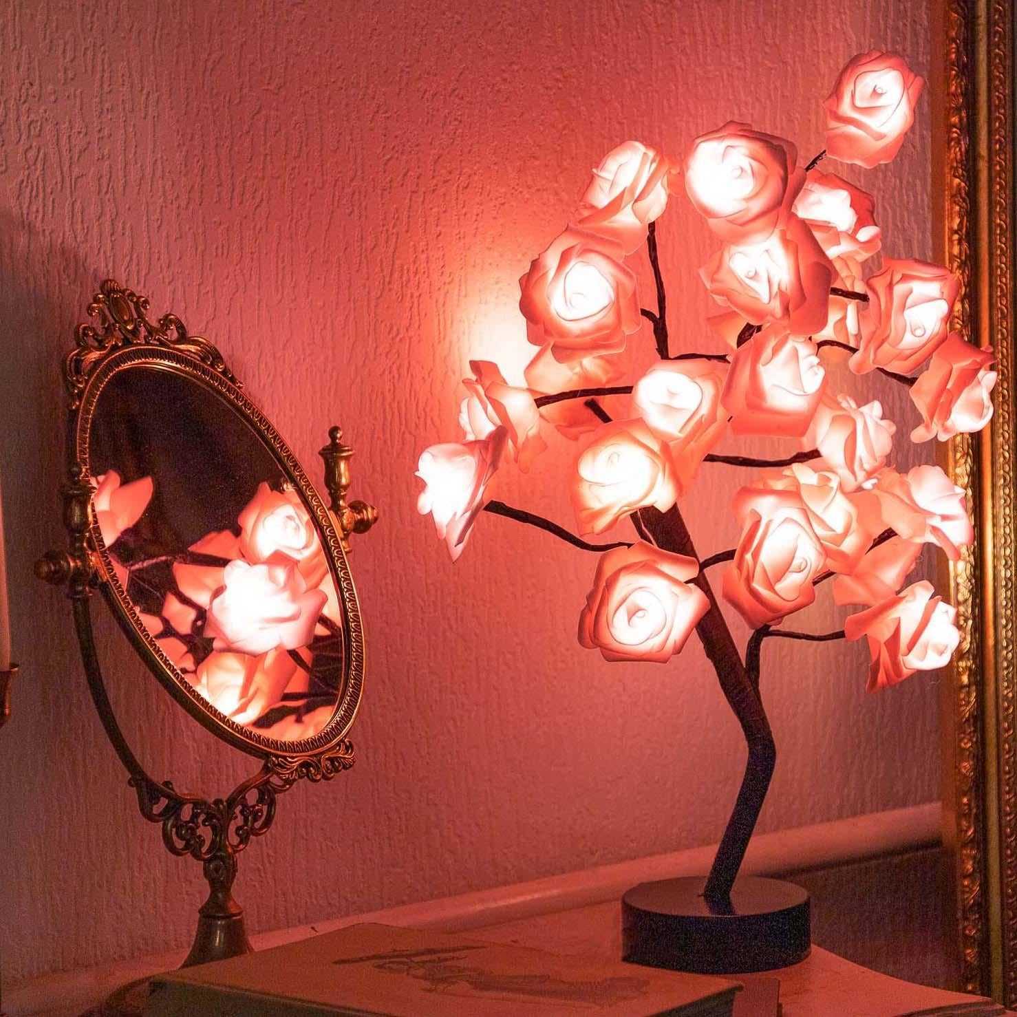 24 LED Rose Artificial Bonsai Tree Night String Lights USB Rechargeable Dimmable Home Bedroom Valentine's Day Thanksgiving