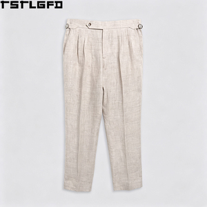 Pantalon en lin coupé-cousu pour homme, style Old Money, beige, taille haute, plissé italien, ajustement latéral, coupe fuselée, luxe discret, vente en gros - Product Image 1