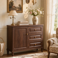 Buffet de rangement moderne avec portes vitrées doubles, poignée cloche unique, 3 tiroirs, en bois massif, autoportant, pour salon et salle à manger