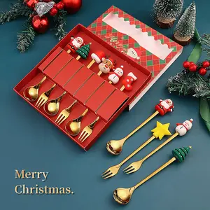 Juego de regalo de cuchara de Navidad dorada Juego de cubiertos Postre Cuchara de café 4 piezas y 6 piezas Juego de cuchara y tenedor de Navidad
