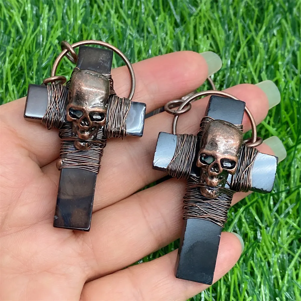wholesale wire wrapped Natural Gemstone Agate Cross Pendant Skull Jewelry Healing Crystal Cross Charms For Women And Men
