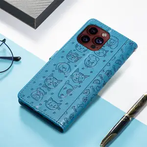 Factory Drop Shipping High Quality Leather Case Wallet Case Cat Dog Animal Patterns For Iphone 15 14 13 12 11 Case