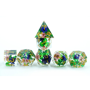 Set di dadi in resina Dnd poliedrica a 7 pezzi con bordo affilato 16mm fiori blu foglie verdi dungeon draghi per D & d - Product Image 3