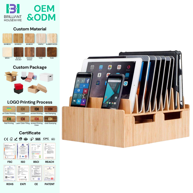 BH Bamboo 10 Port Charging Station and Docking Organizer for Use in Corporate Offices and Classrooms