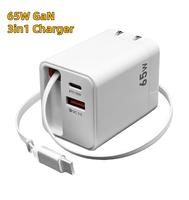 Câble rétractable double port Type-C GAN Chargeur mural à charge rapide 65W PD Block USB C Low quantité minimale de commande pour Samsung pour Xiaomi Laptop