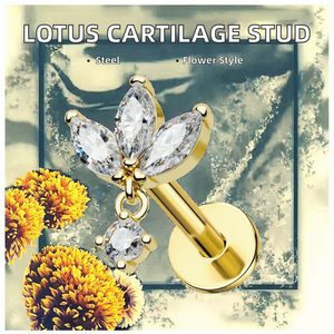 OUFER Orecchini a perno senza filettatura in <span class=keywords><strong>argento</strong></span> 16g per trago, piercing <span class=keywords><strong>helix</strong></span>, gioielli a forma di loto con retro piatto, pendenti floreali per cartilagine da donna 6mm 8mm - Product Image 2