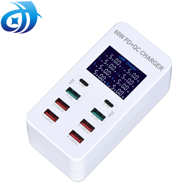 60W Multiple USB Charger LCD Display 8 Port PD QC3.0 Desktop Charging Station for Tablet Laptop