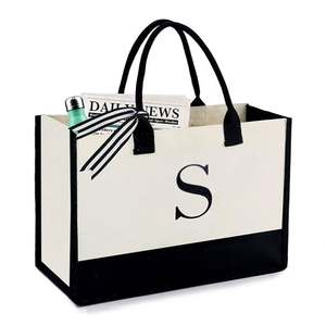 Quality Work Shopping Beach Holiday Gift Embroidery <b>Initial</b> Black White Vintage <b>Bag</b> Canvas Tote Handbags for Women - Product Image 1
