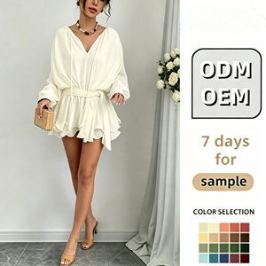 Minigonna da donna a vita alta con orlo a volant, maniche a lanterna, cintura, stile francese, per l'estate, la spiaggia, le vacanze e l'uso quotidiano - Product Image 1