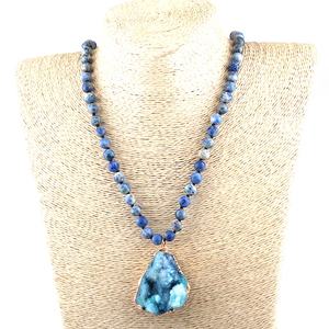 ผู้หญิง 8mm หินธรรมชาติ Aqua Dot สร้อยคอยาว Knotted ไม่สม่ำเสมอ Druzy จี้สร้อยคอ - Product Image 4