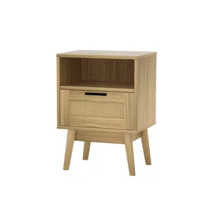 Factory Wholesale Mid-Century Night Stand Side Table Wood Nightstand Bedside Tables Rattan Drawer