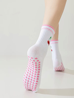 Chaussettes douces à volants pour femmes avec broderie nœud cerise antidérapantes pour le yoga et le Pilates