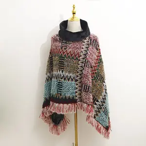 Hot selling wholesale 100% acrylic aztec tribal Bohemian style knitted poncho shawl scarf with fur collars