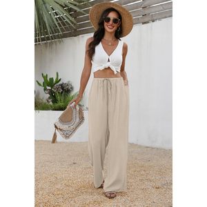 Pantalones Rectos para Mujer, Cintura Alta Elástica con Cordón, Pantalones Palazzo Fluidos con Bolsillos, Transpirables, Holgados, para Verano, Playa y Vacaciones - Product Image 3