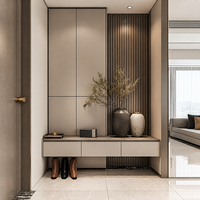 Organisateur de chaussures compact pour entrée avec armoire haute fermée, console flottante et espace ouvert pour chaussures, idéal pour les projets résidentiels contemporains