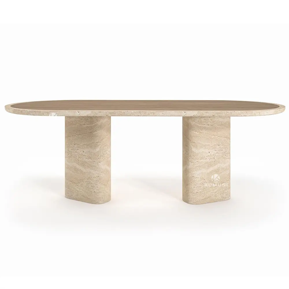 Travertine And Wood Slab Dining Table
