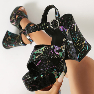 Mixed Colors Women High Chunky Heels Pumps Open Toe Colorful Sandals Party Dress Thick Platform Cross Straps <b>Shoes</b> - Product Image 5