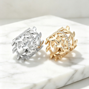 Fashion Ladies Wide Band Leaf Finger <b>Ring</b> Gold & Silver Two Color Options Multi‑Layer Hollow Botanical <b>Crystal</b> Set Stainless - Product Image 2