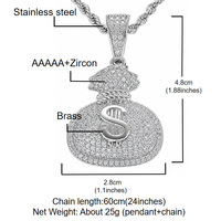 Collier pendentif sac d'argent Hip Hop en laiton micro-pavé incrusté de zircon, signe dollar pour homme, style rappeur
